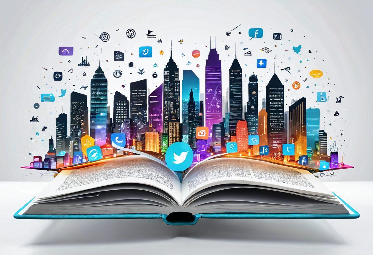 A visually engaging open book with pages transforming into digital screens, showcasing various blogging elements like icons of social media, video, and audio. A vibrant city skyline in the background symbolizes the digital future, with floating holographic images representing creativity. The scene is infused with a sense of exploration and innovation. super-realistic. vibrant colors. white background.