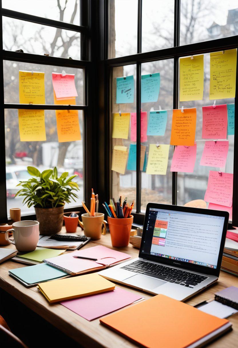 A creative workspace filled with colorful notebooks, a laptop displaying an open blog editor, and a steaming cup of coffee. Around the desk are scattered brainstorming sketches and inspiring quotes on sticky notes, with natural light flooding in through a window. The atmosphere is cozy and inviting, hinting at creativity and productivity. super-realistic. vibrant colors. warm lighting.
